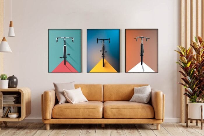 fahrrad moderne illustrationen 3er poster set zum einrahmen für wohnzimmer und büro